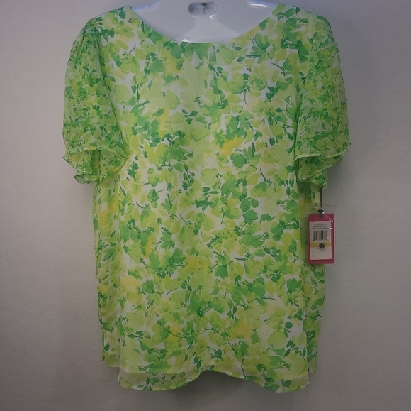 VINCE CAMUTO Blooming Brights Floral Ruffle Flutter Short Sleeve Blouse Medium - Picture 2 of 11